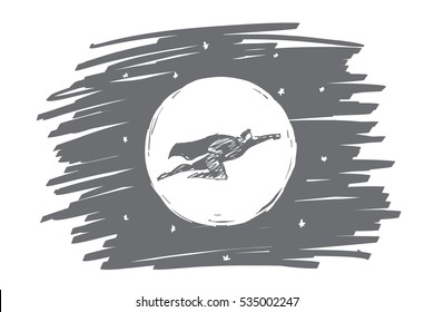 Vector hand drawn hero concept sketch with hero in traditional superman clothing flying in the sky in front of the Moon