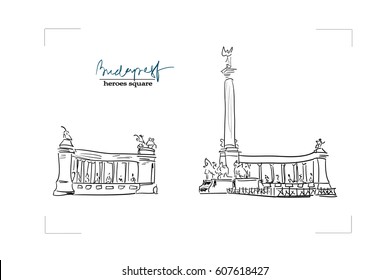 Vector, hand drawn. Heroes Square in Budapest.