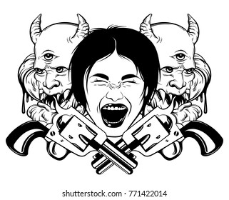 Vector hand drawn highly detailed illustration of screaming head with daemons and guns. Trendy tattoo artwork with realistic portrait. Template for card, poster, print for t-shirt, sticker, textiles.