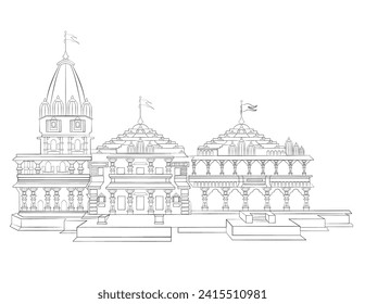 Vector Hand drawn Hindu Temple, An illustration Ayodhya temple, Hindu religion worship place