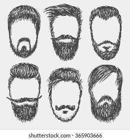 Vector hand drawn hipster beard, mustache, hair style silhouettes. 