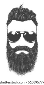 Vector hand drawn hipster combed over haircut and beard template with no face. Large aviator sunglasses. Detailed vector face front illustration isolated on white.