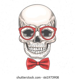 Vector hand drawn hipster illustration of skull in glasses and a bow tie 