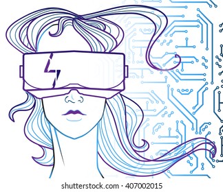 Vector hand drawn hi-tech illustration - beautiful girl and virtual reality glasses. Close-up portrait of young woman gamer on circuit background. Future technology of virtual reality concept art