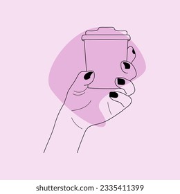  Vector hand drawn hand holding plastic cup coffee in line art
