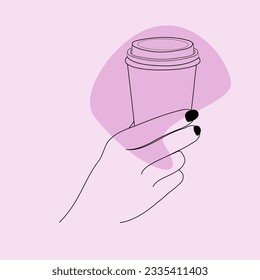  Vector hand drawn hand holding plastic cup coffee in line art