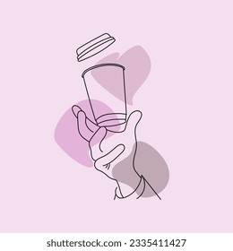  Vector hand drawn hand holding plastic cup coffee in line art