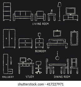 Vector hand drawn home furniture outline icons on blackboard 1