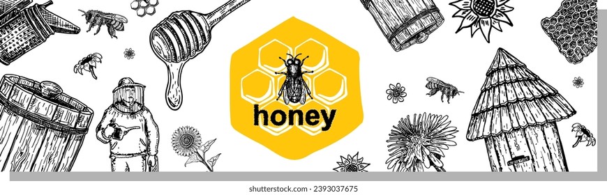 Cartel de miel dibujado a mano por vectores. Esbozos detallados.Combo gráfico de miel, abeja, flores. Cartel, afiche, volante para promoción de negocios.