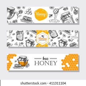 Vector hand drawn honey banners. Detailed engraved  illustrations.Graphic honeycomb, bee, pod, flowers. Great banner, poster, flyer for business promote.