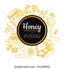 Vector hand drawn honey frame. Detailed gold engraved illustrations. Graphic honeycomb, bee, glass jar, flowers, pot. Great for label, banner, poster, card.