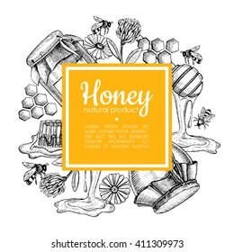 Vector hand drawn honey frame. Detailed yellow engraved illustrations. Graphic honeycomb, bee, glass jar, flowers, pot. Great for label, banner, poster, card.