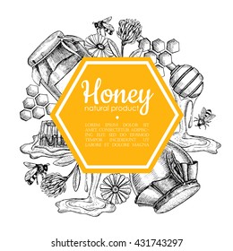 Vector hand drawn honey frame. Detailed yellow engraved illustrations. Graphic honeycomb, bee, glass jar, flowers, pot. Great for label, banner, poster, card.