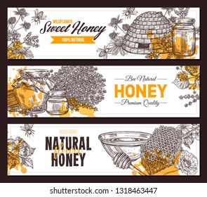 Vector hand drawn honey horizontal banners with wild flowers. Design templates with sketch illustrations of plants, hives, honeycomb, jars, pots for for beekeeping and apiculture. Whatecolor splashes