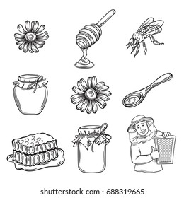 Vector hand drawn honey icons set. Beekeeper, honey jar, spoon, bee, honeycomb and chamomile illustration for design organic farm food.