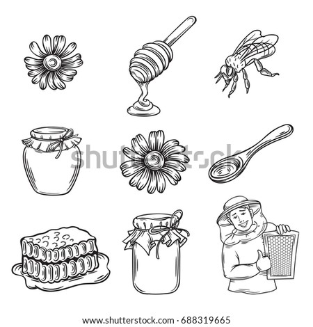 Vector hand drawn honey icons set. Beekeeper, honey jar, spoon, bee, honeycomb and chamomile illustration for design organic farm food.