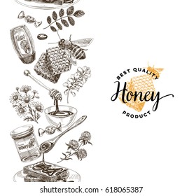 Vector hand drawn honey Illustration. Sketch vintage style. Design template. Retro background.