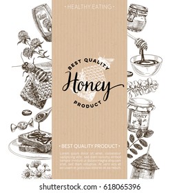Vector hand drawn honey Illustration. Sketch vintage style. Design template. Retro background.