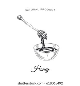 Vector hand drawn honey Illustration. Sketch vintage style. Design template. Retro background.