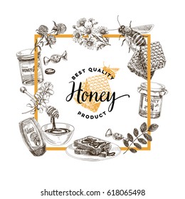 Vector hand drawn honey Illustration. Sketch vintage style. Design template. Retro background.