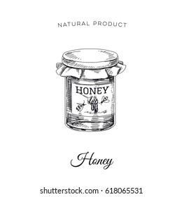 Vector hand drawn honey Illustration. Sketch vintage style. Design template. Retro background.