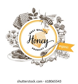 Vector hand drawn honey Illustration. Sketch vintage style. Design template. Retro background.