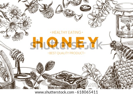 Vector hand drawn honey Illustration. Sketch vintage style. Design template. Retro background.