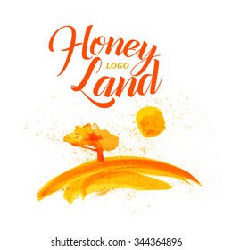 Vector hand drawn honey, jam package design illustration with tree, sun, meadow. Logo design, dessert label template. Business card, advertising, leaflet, banner. Brush painting.