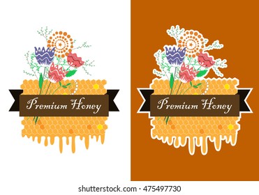 Vector hand drawn honey label with comb and flower bunch. Honey labels set.