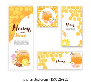 Vector hand drawn honey poster and banners set. Honeycomb, flowers, lime, honey jar on white background. 