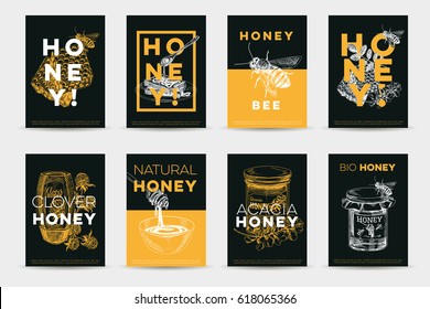 Vector hand drawn honey poster set. Sketch vintage style Illustrations. Cards design template. Retro background.