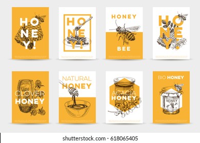 Vector hand drawn honey poster set. Sketch vintage style Illustrations. Cards design template. Retro background.