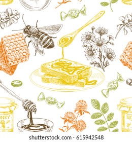 Vector hand drawn honey seamless pattern. Sketch vintage style. Design template. Retro background.