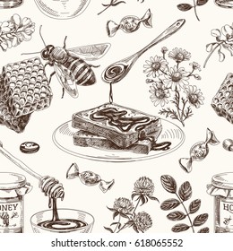 Vector hand drawn honey seamless pattern. Sketch vintage style. Design template. Retro background.