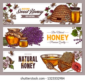 Vector hand drawn honey vertical banners with wild flowers. Design templates with color sketch illustrations of plants, hives, honeycomb, jars, pots for for beekeeping and apiculture