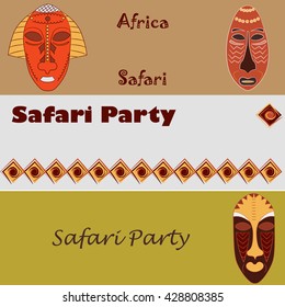 Vector hand drawn horizontal banner template set. Colorful African masks and  border ethnic ornaments. Safari background. For announcement, advertisement or flayer, website header. Place for text.