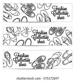 Vector hand drawn horizontal banners set with female shoes. Spring-summer fashion collection. Sketch black and white background for shoes shop.