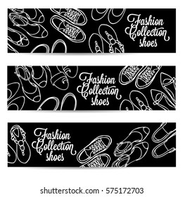 Vector hand drawn horizontal banners set with female shoes on blackboard. Spring-summer fashion collection. Sketch black and white background for shoes shop.