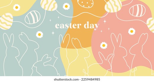 Vector hand drawn horizontal easter banner. Happy Easter day. Easter bunnies and eggs. Modern banner. For postcard, website, advertising banner.