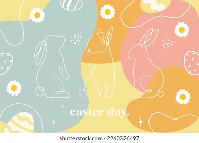 Vector hand drawn horizontal easter banner. Happy Easter day. Easter bunnies and eggs. Modern banner. For postcard, website, advertising banner.