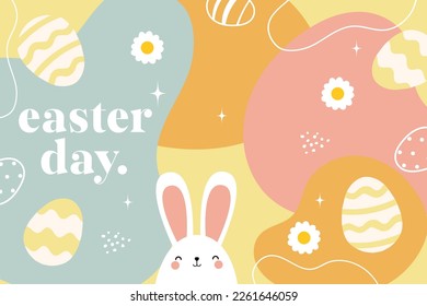 Vector hand drawn horizontal easter banner. Happy Easter day. Easter bunnies and eggs. Modern banner. For postcard, website, advertising banner.