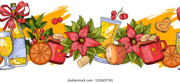 Vector hand drawn horizontal seamless pattern “Holiday Beverages” with hot chocolate, prosecco, cider, orange, marshmallow, holly, poinsettia, cookies, heart and glasses. For menu, sales, banners 