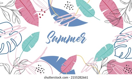 Vector hand drawn horizontal summer banner. Banner with tropical leaves, dots and doodles on a white background. Hand lettering summer.
For websites, social networks.