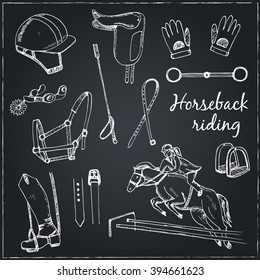 Vector hand drawn horse labels for different equestrian activities.