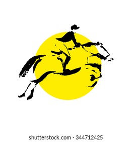 Vector hand drawn horse riding sketch isolated on white backdrop. Ink drawing. Sportsman silhouette illustration. Sport logo, magazine, journal article, print design, poster, placard, any advertising.