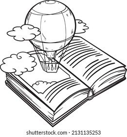 vector hand drawn hot air balloon flying from book in doodle style. Open books isoleted on white.