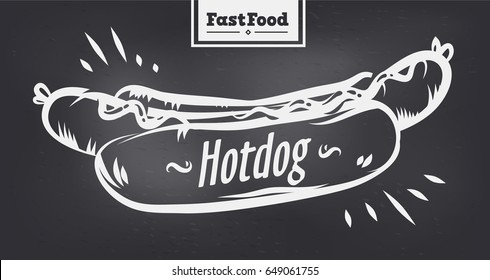 Vector hand drawn hot dog poster or card. Sketch cards. Cute vintage illustrations. Vector stock illustration. . Hot dogs background. Template for design or t-shirt.