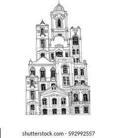 vector hand drawn houses, line drawing mansions,sketch of buildings, urban element