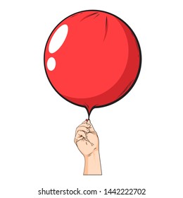 Vector hand drawn human hand with big red balloon ,vector illustration isolated on white background