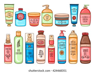 Vector hand drawn hygiene set of colorful spa and bathroom cosmetic bottles and tools